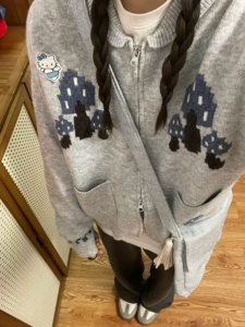 oversize！灰色翻领拉链毛衣开衫女外套2024秋冬新款韩版针织上衣