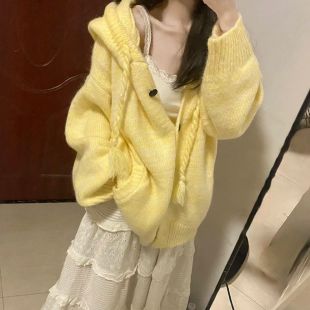 宽松针织衫 奶黄色 新款 女外套2025秋装 上衣 软糯韩系连帽毛衣开衫