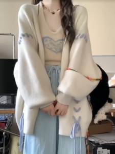 慵懒风！复古灯笼袖穿绳毛衣开衫女2024秋装新款中长款针织衫外套