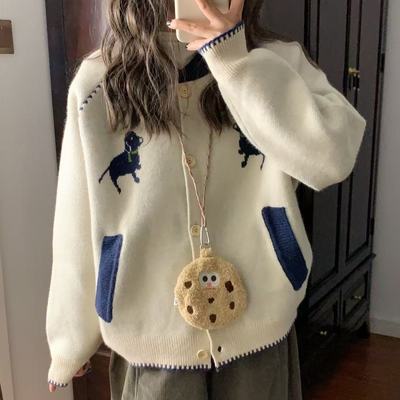 慵懒风撞色单排扣毛衣开衫