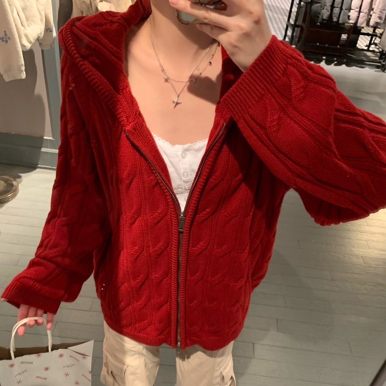 oversize！红色连帽麻花毛衣开衫女2026春季新款宽松拉链针织外套