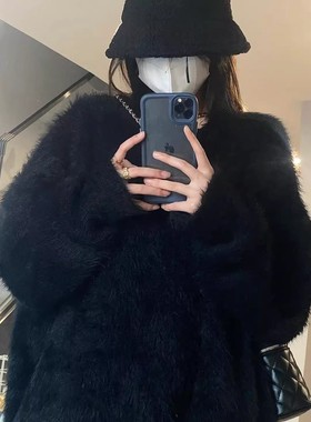 加厚版！慵懒风黑色套头水貂绒毛衣女秋装宽松长袖针织衫上衣外穿
