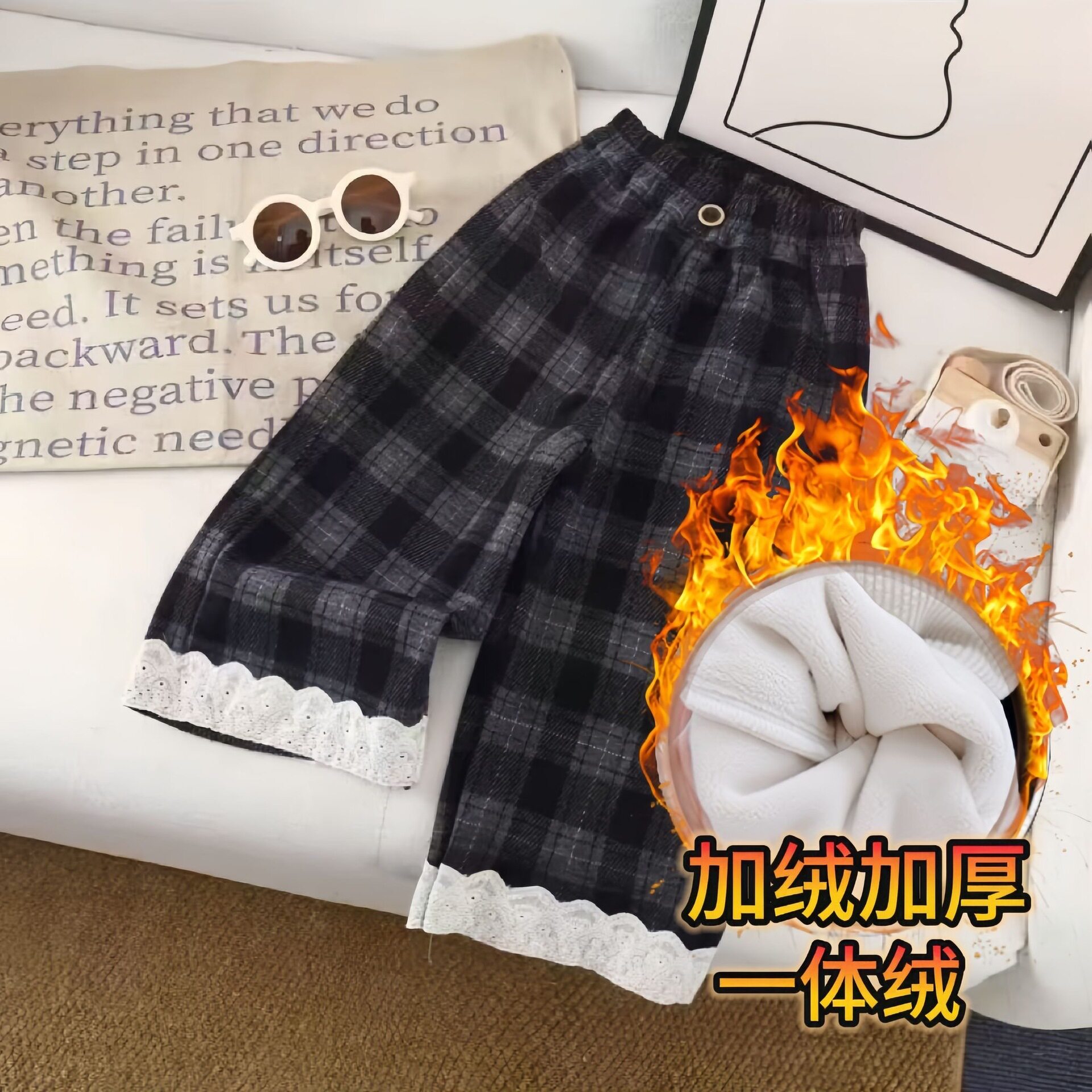 女童秋冬格子阔腿裤新款时髦女孩蕾丝直筒裤春秋儿童韩版休闲长裤