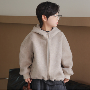 儿童双面羊绒大衣男童短款2025秋冬季上衣连帽羊毛大衣双面呢外套