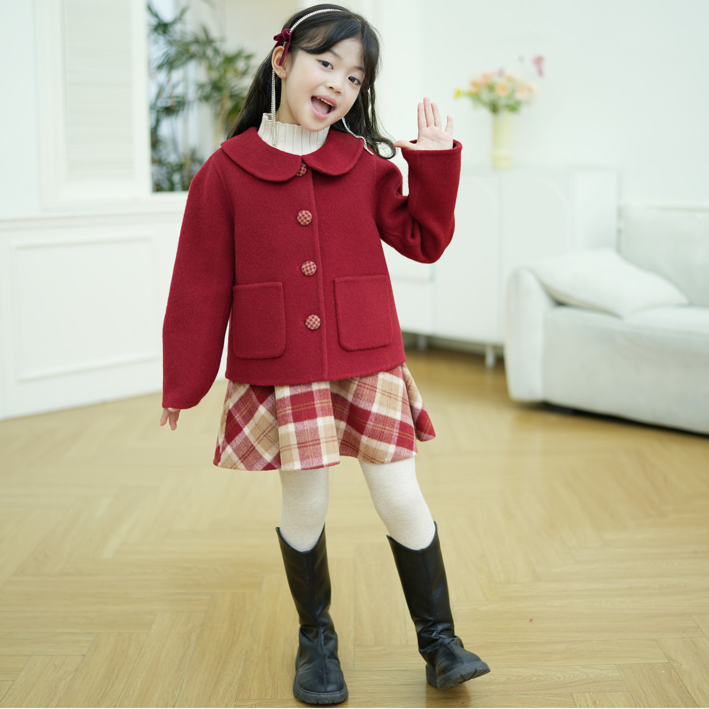 儿童双面羊绒大衣红色喜庆女童羊毛呢套装拜年服外套背心裙两件套