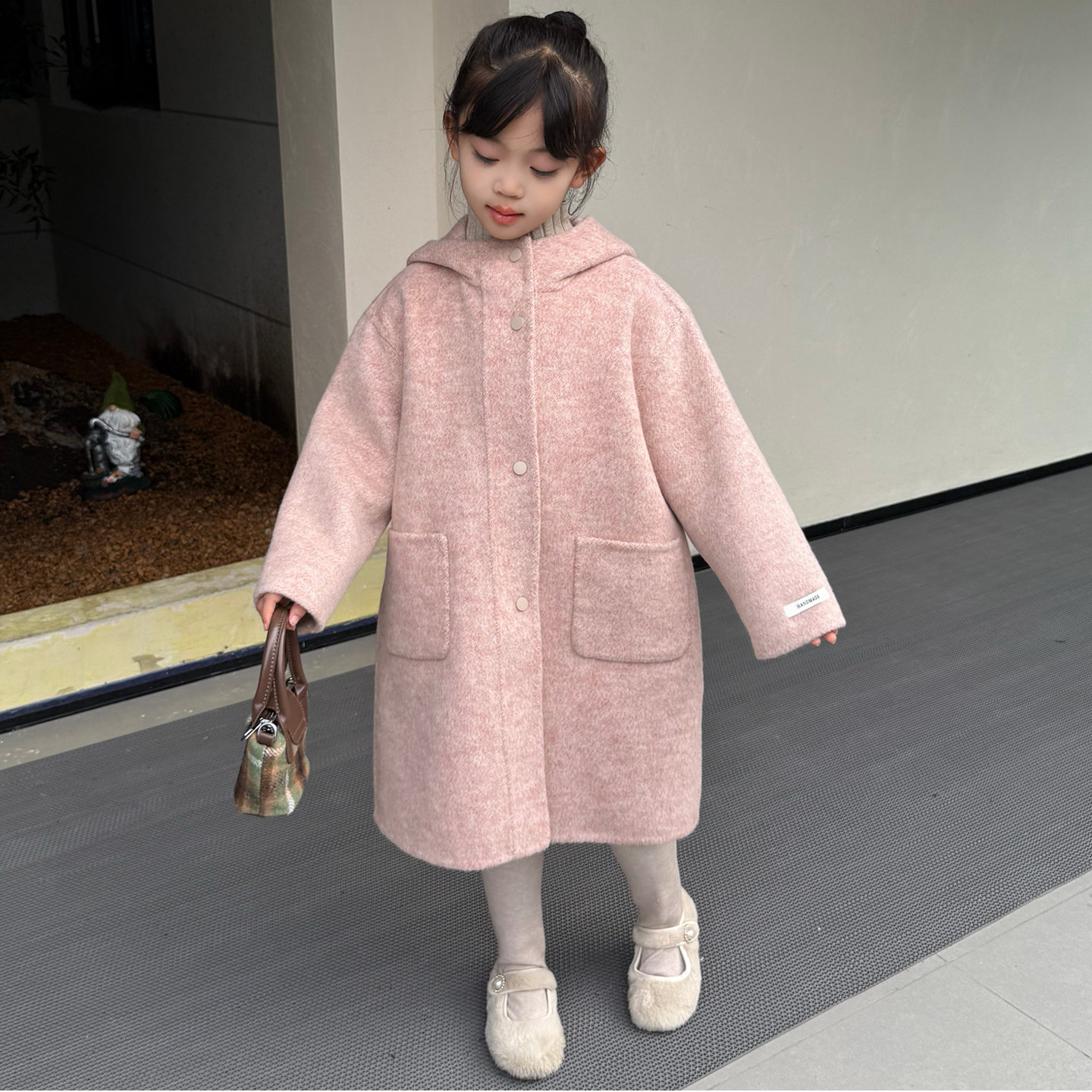 女童双面羊毛大衣秋冬装粉色洋气长款外套女宝宝手工双面羊绒大衣