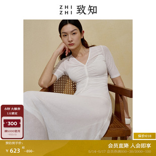 章台 致知ZHIZHI 法式 夏季 气质抽褶收腰白色温柔 连衣裙2023女新款