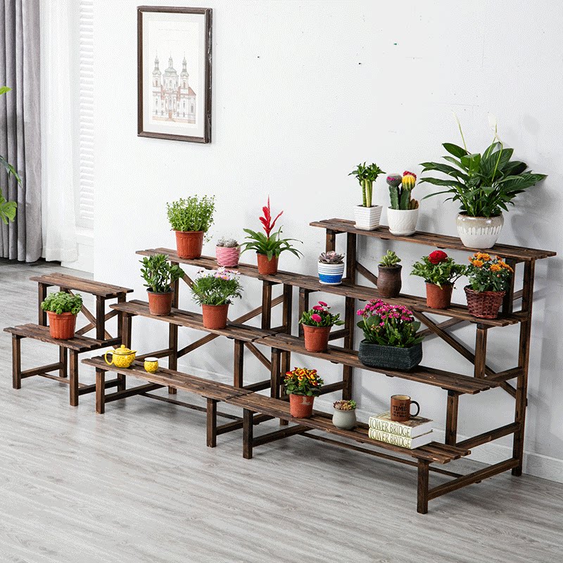 阳台花架落地式多层阶梯置物架炭化防腐木花架多肉植物花盆架