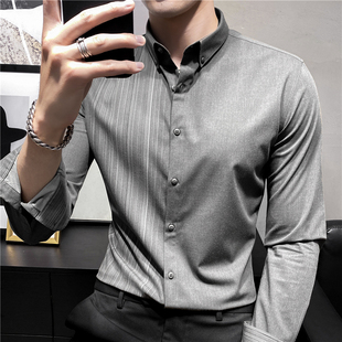 高级灰色条纹衬衫男长袖商务休闲痞帅设计感小众韩版修身免烫衬衣
