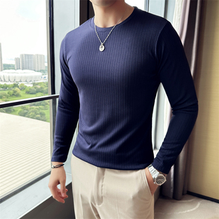 色贴身打底衫 衬衫 男长袖 型西装 内搭T恤1014r 圆领细条纹修身 秋季