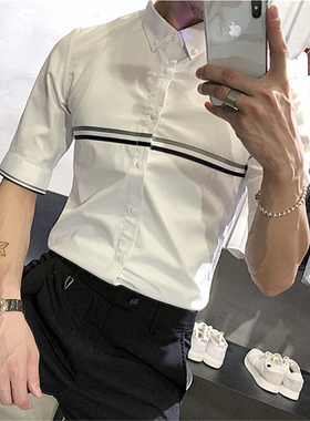 夏季白色衬衫男短袖休闲小众设计痞帅五分中袖修身免熨烫衬0130r