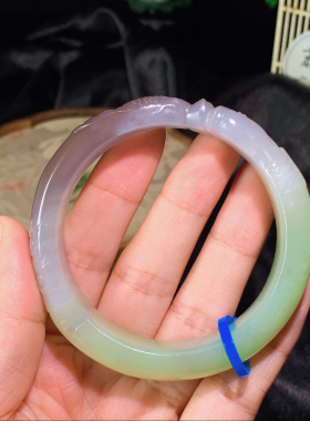 天然青海料和田玉翠青紫罗兰雕刻手镯玉镯烟紫镯子圈口56圈口女款