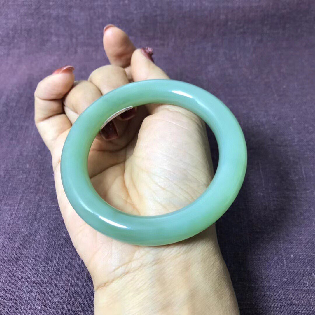 纯天然俄料和田玉碧玉粉青猫眼圆条手镯玉镯碧玉镯子56圈口带证书