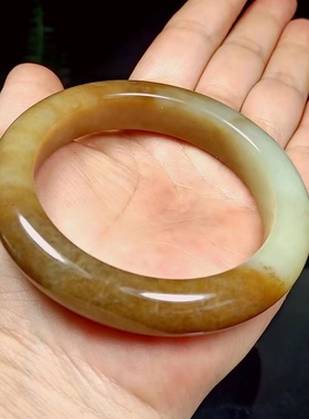 特价款俄料和田玉糖黄玉镯美人条手镯玉镯糖黄玉镯子55圈口带证书