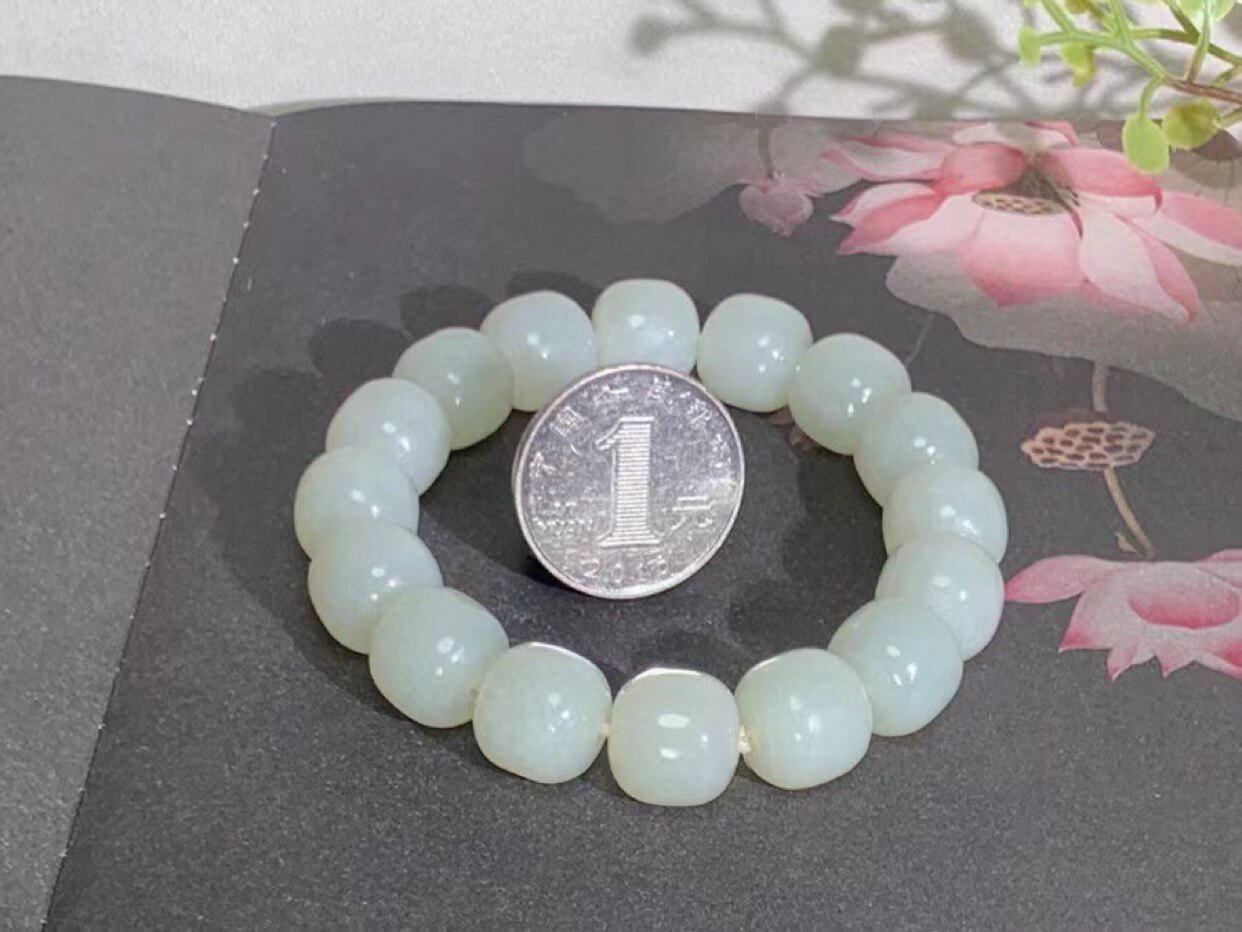 纯天然新疆和田玉青白玉老型珠手串手链13/12mm男女款带证书