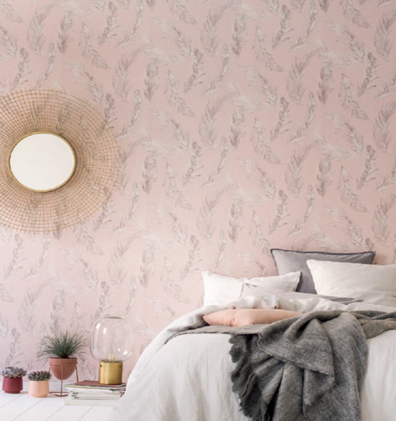 日本墙纸进口粉色羽毛墙纸温馨墙纸卧室满铺背景墙女孩房rf6412