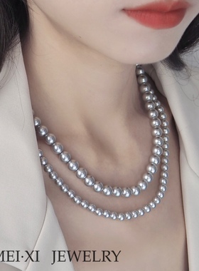 真多麻色正圆强光无暇珍珠项链高级银灰色毛衣链施华洛水晶珍珠