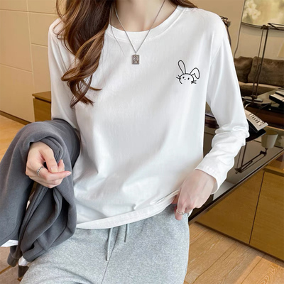 纯棉长袖t恤女白色宽松显瘦上衣
