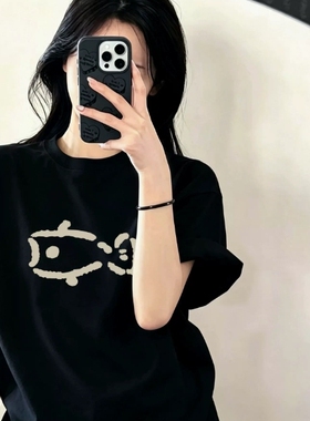 黑色短袖t恤女2026新款薄款夏季小鱼休闲上衣显白棉质半袖体恤潮