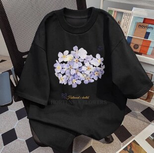 T恤女纯色宽松百搭上衣200斤 复古花朵印花短袖 胖MM2026年爆款 美式