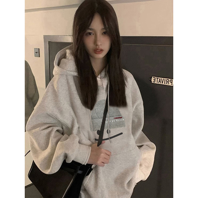 灰色连帽卫衣女宽松显瘦上衣外套