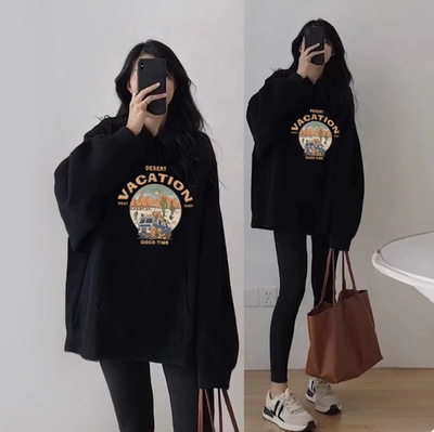 黑色字母连帽卫衣女秋冬加绒