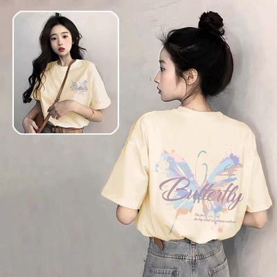 白色蝴蝶短袖t恤女纯棉2025夏季