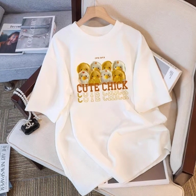 夏季棉质小鸡印花短袖T恤女