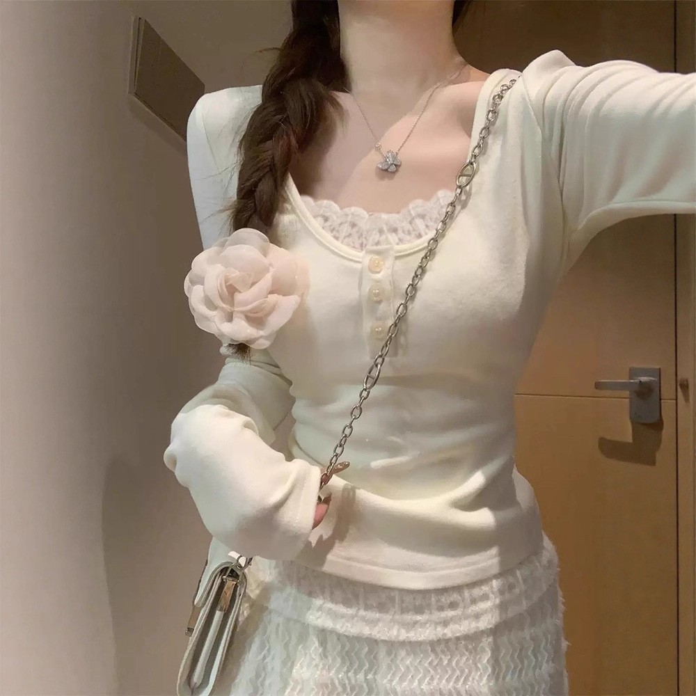 蕾丝花边u领正肩打底衫长袖上衣