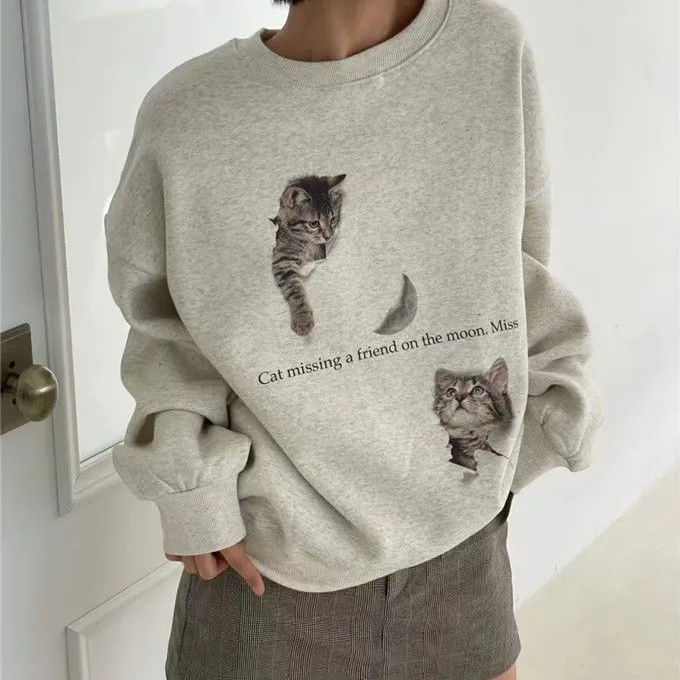 早秋新款猫咪印花圆领卫衣女2025秋冬oversize宽松百搭慵懒风上衣