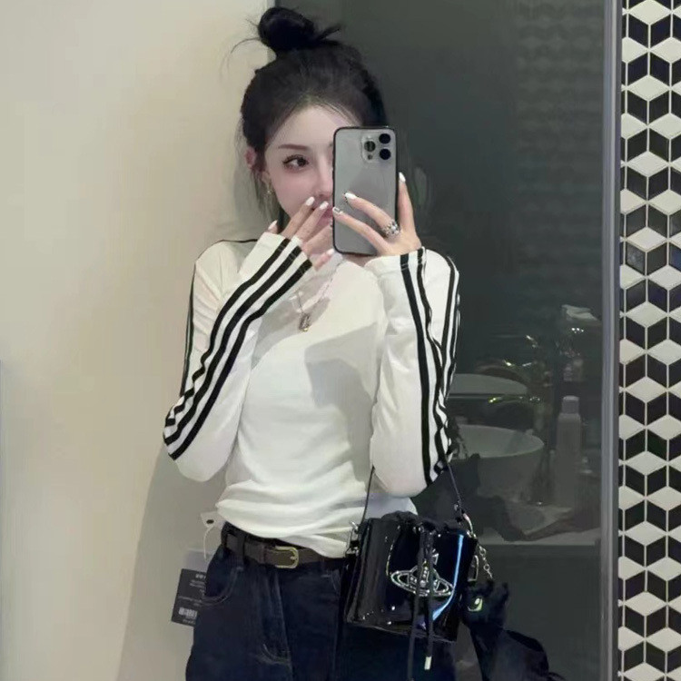 甜酷辣妹chic白色条纹长袖T恤女早秋冬季修身插肩内搭打底衫上衣