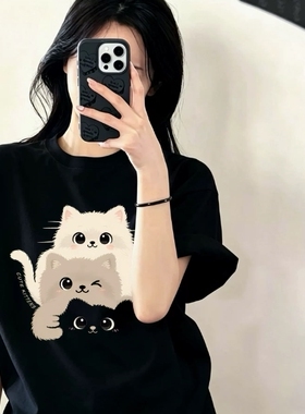 小猫纯棉短袖t恤女2026新款夏季黑色亲肤上衣纯棉宽松半袖体恤衫