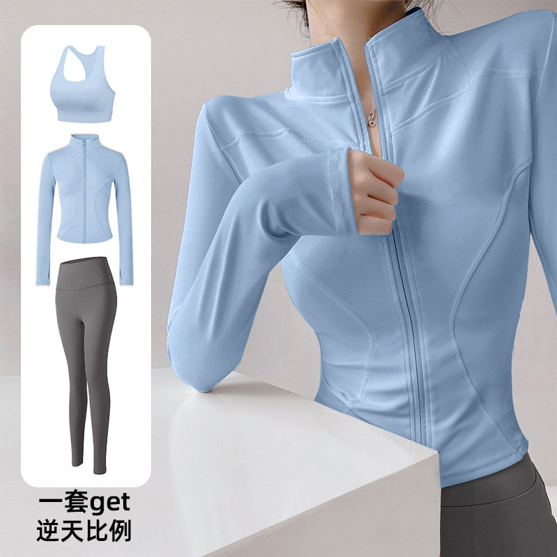 运动瑜伽服套装立领拉链速干上衣假两件裤健身房跑步普拉提三件套
