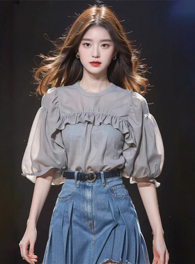 2024夏季新款灰色短袖宽松灯笼袖衬衫漂亮设计感小众气质上衣女