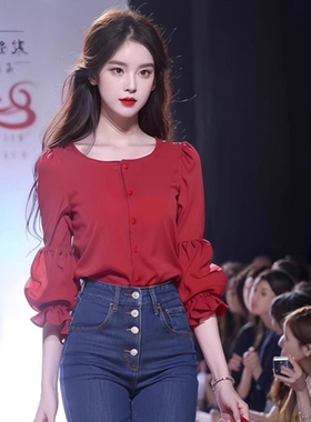 韩系红色泡泡袖上衣女款2024年夏季新款气质圆领雪纺衬衫漂亮小衫