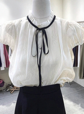 法式小立领系带泡泡短袖衬衣夏季排扣宽松显瘦气质雪纺衬衫上衣女