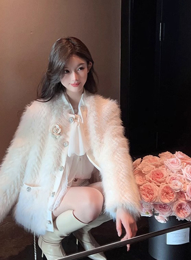 2024新款粉白色毛毛外套女加厚小香风毛绒上衣立体花朵短款33227#