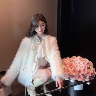2024新款粉白色毛毛外套女加厚小香风毛绒上衣立体花朵短款33227#