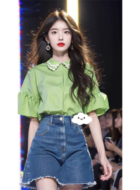 韩系穿搭减龄洋气时尚衬衣绿色娃娃领法式衬衫女装2024夏季新款