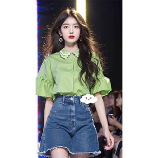 衬衣绿色娃娃领法式 新款 衬衫 2024夏季 女装 韩系穿搭减龄洋气时尚