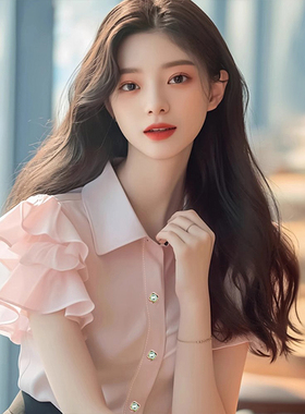 粉色甜美荷叶袖衬衫女夏季小众设计独特别致洋气减龄上衣60003#