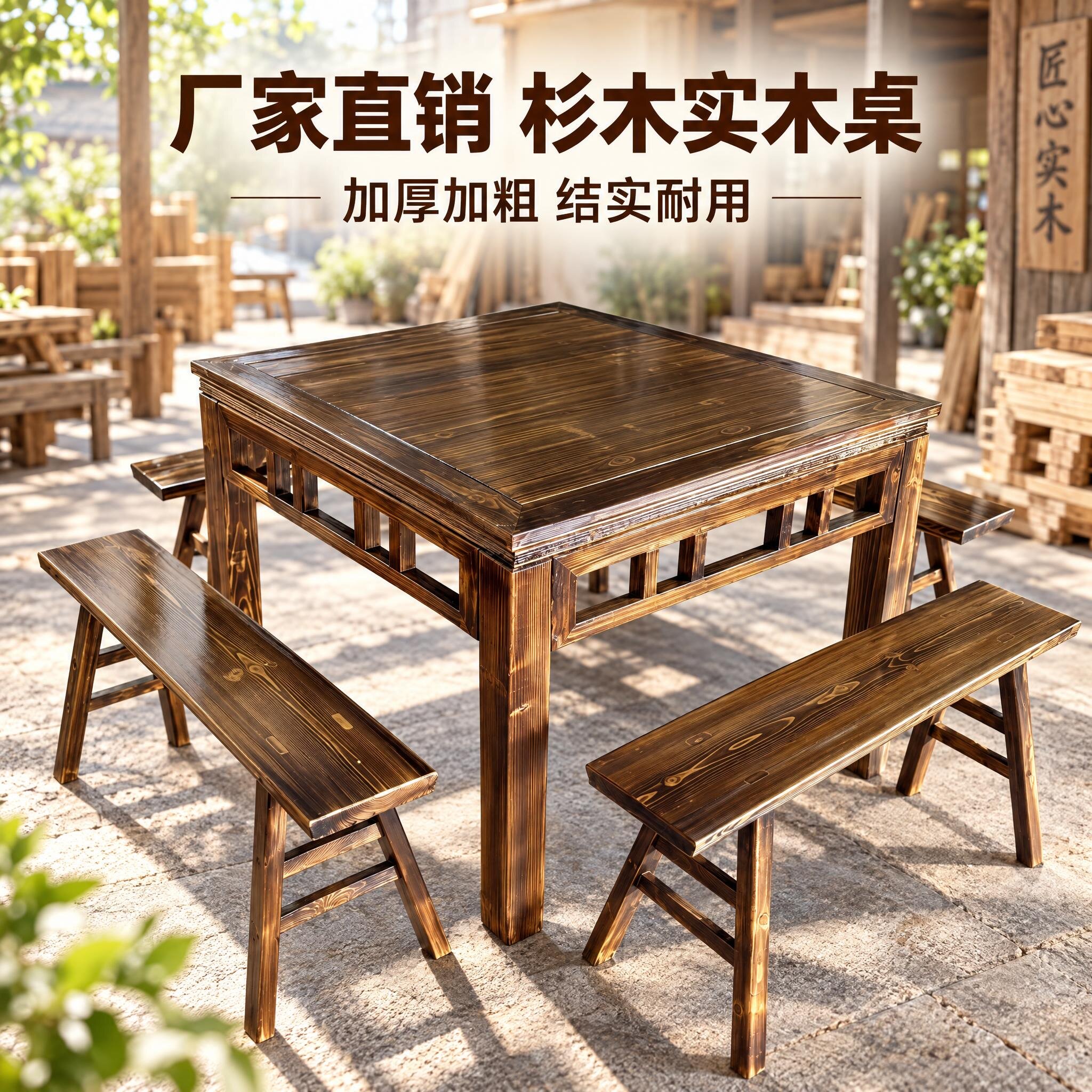 实木餐桌椅组合方桌长凳加厚加粗杉木家具厂家直销八仙桌做旧