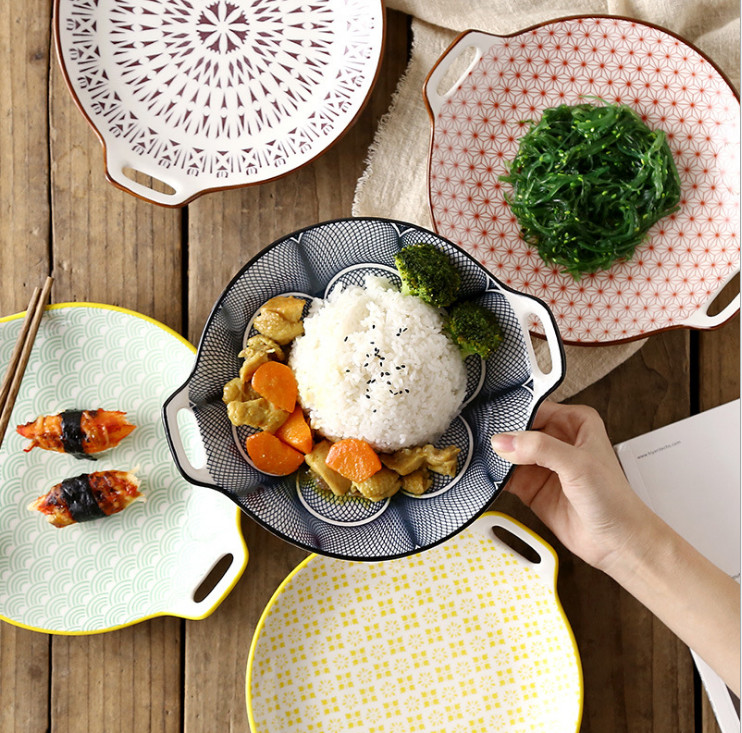 氛围餐盘好看吃播釉下彩陶瓷餐具家用日式西式饭菜点心双耳盘碗