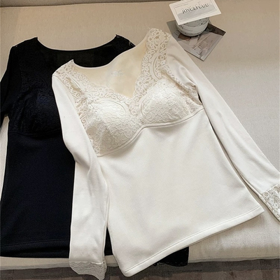 纯欲蕾丝~叠穿打底衫 带胸垫，保暖内衣婴儿绒保暖加厚肌底衣秋衣