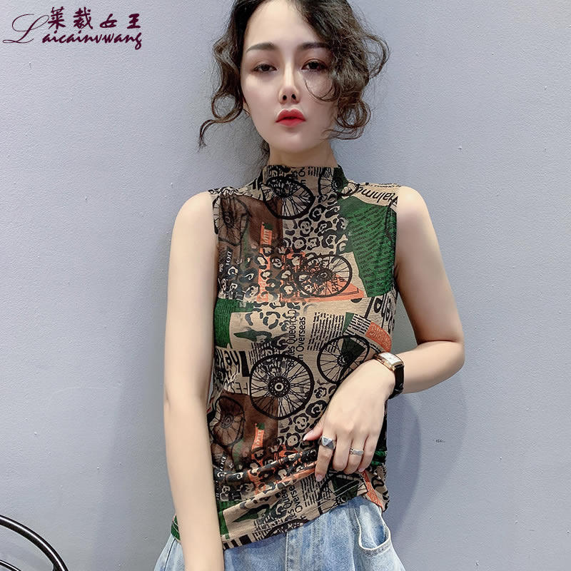 2020秋季内搭无袖t恤女上衣欧洲站时尚印花修身高领背心吊带新款