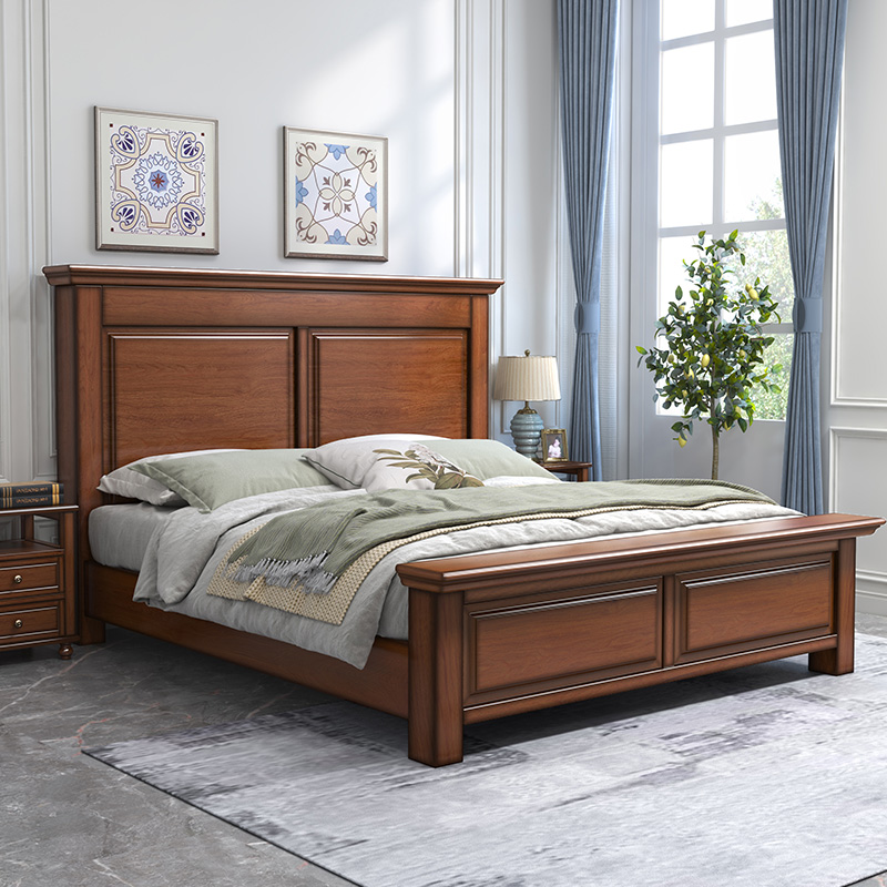 美式乡村全实木床简约乡村复古主卧家具高箱储物1.8米双人床中式