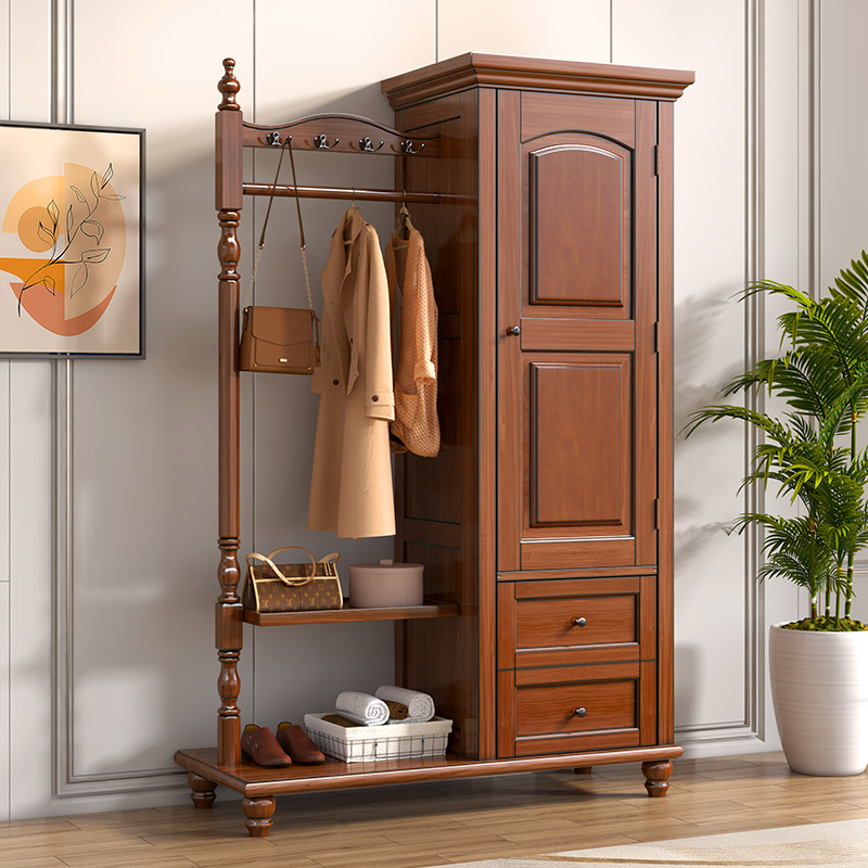 美式全实木衣帽架卧室落地挂衣架子家用门口简约立式多功能架一体
