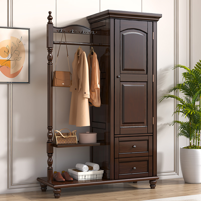美式全实木衣帽架卧室落地挂衣架子家用门口简约立式多功能架一体