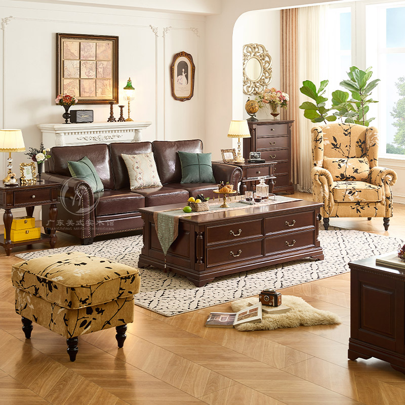 淘美庭美式复古真皮沙发头层牛皮直排小户型组合大巴顿美式沙发