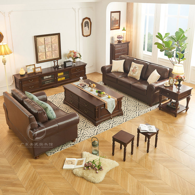 淘美庭美式复古真皮沙发头层牛皮直排小户型组合大巴顿美式沙发